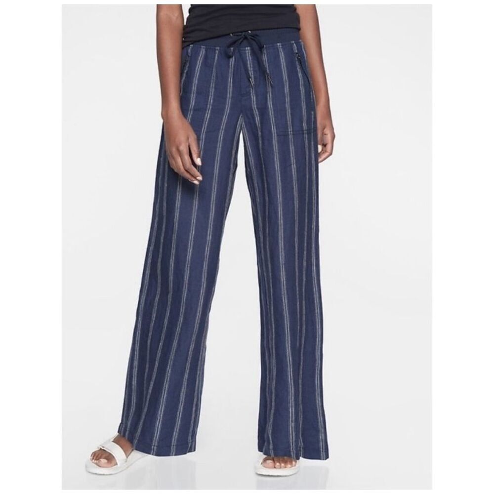 Athleta Pants Cabo Tide Linen Wide Leg Stripe Coastal Navy Blue 4